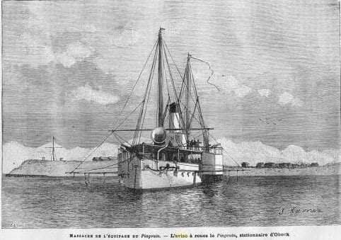Navire français Le Pingouin amarré à Obock (Djibouti), golfe d’Aden — gravure ancienne (1882)
