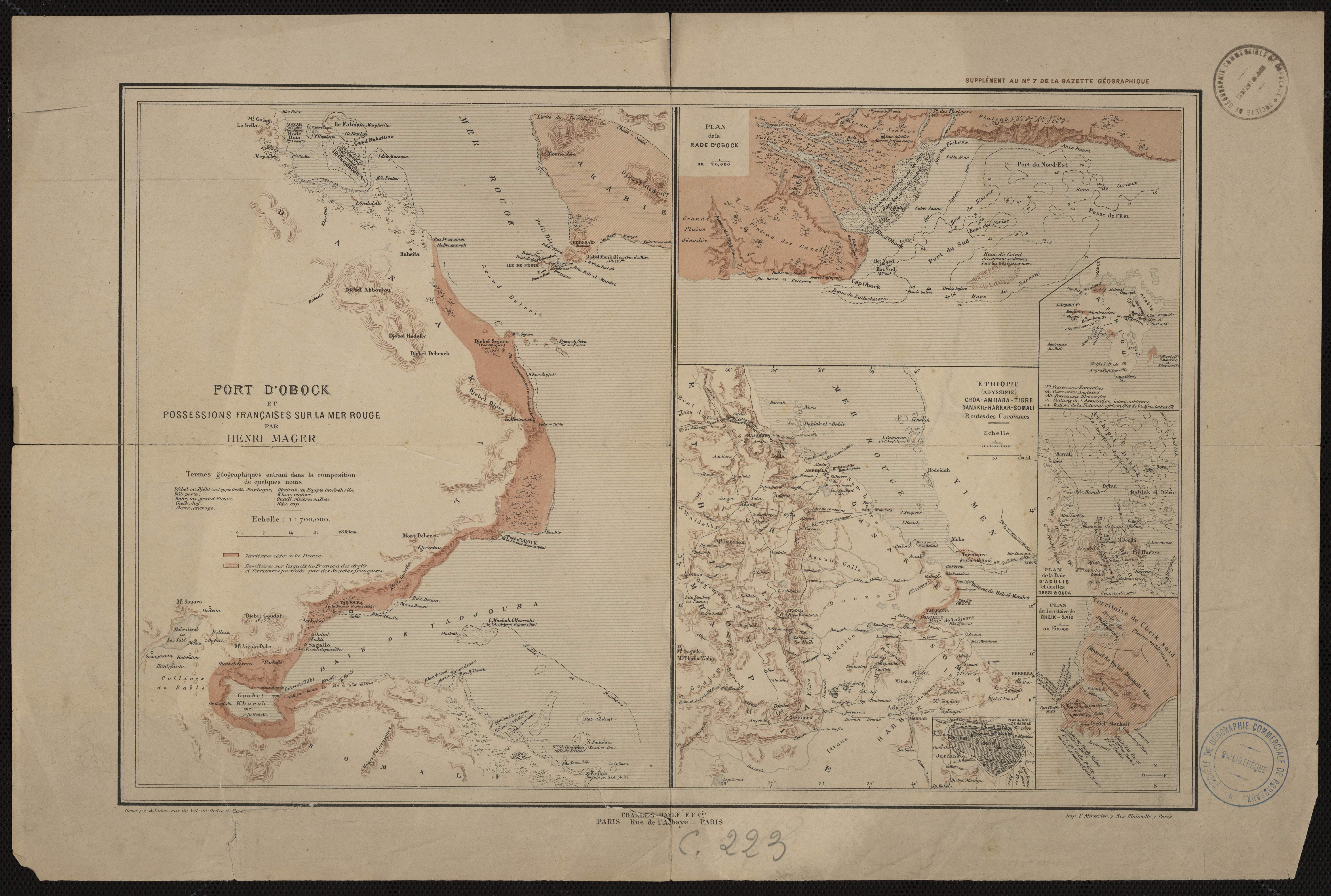 Planche de cartes et de plans d'Henri Mager intitulés Port d'Obock et possessions françaises sur la mer Rouge 1885