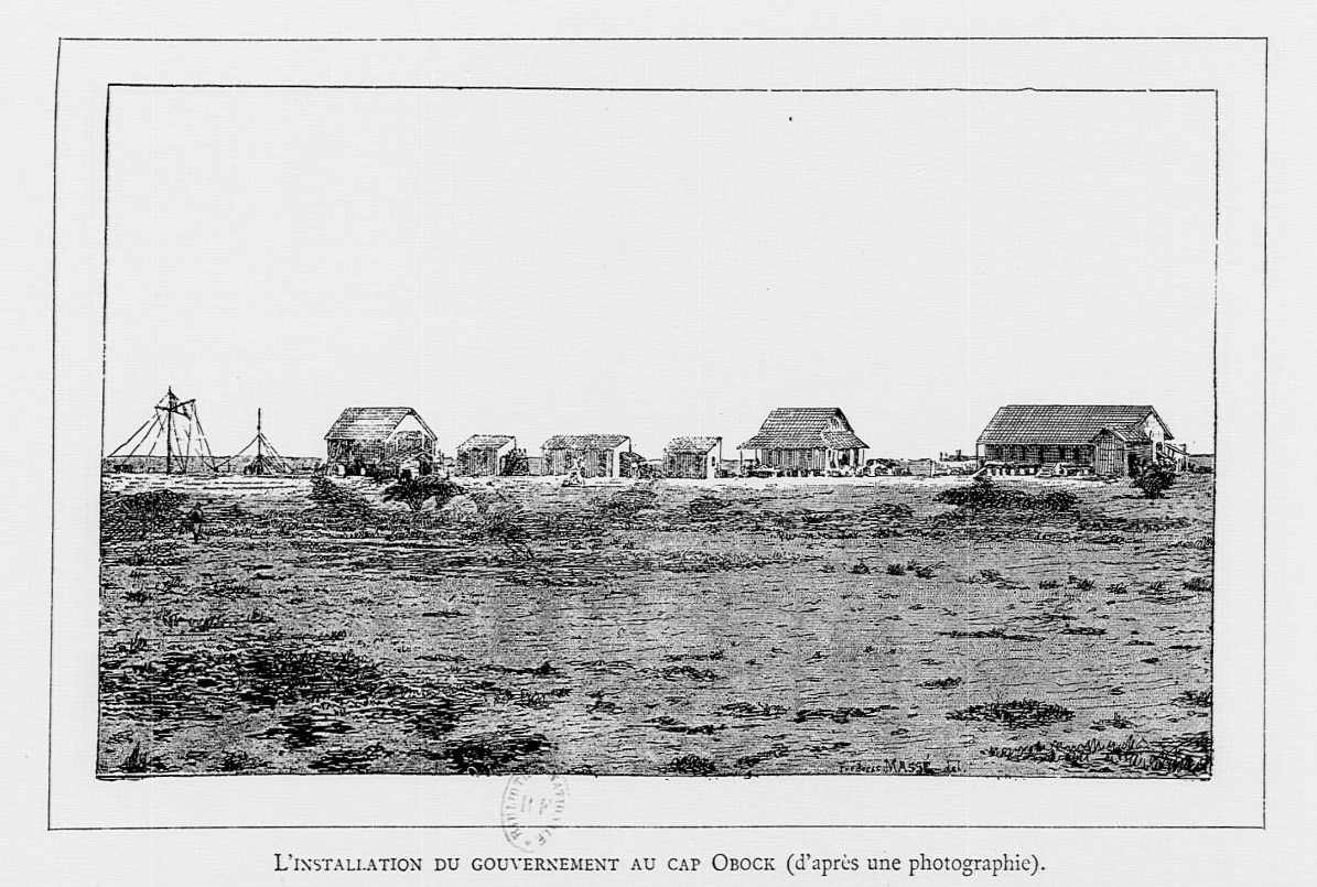 Gravure d'après une photographie montrant les installations du gouvernement à Cap Obock 1887